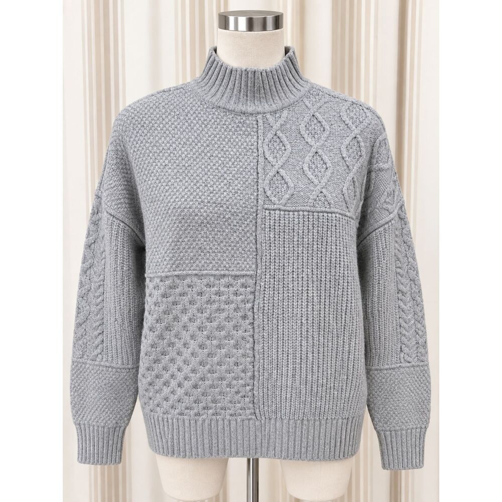 American Eagle Gray Patchwork Cable Knit Mock Neck Sweater Medium Oversized